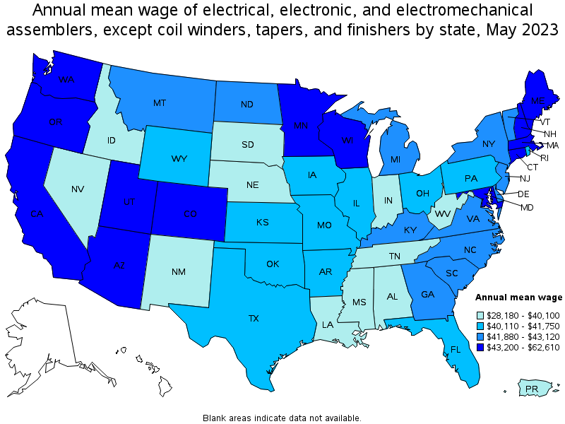 Map of annual mean wages of electrical, electronic, and electromechanical assemblers, except coil winders, tapers, and finishers by state, May 2023