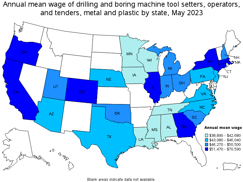Map of annual mean wages of drilling and boring machine tool setters, operators, and tenders, metal and plastic by state, May 2023