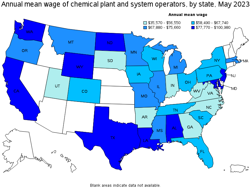 Map of annual mean wages of chemical plant and system operators by state, May 2023