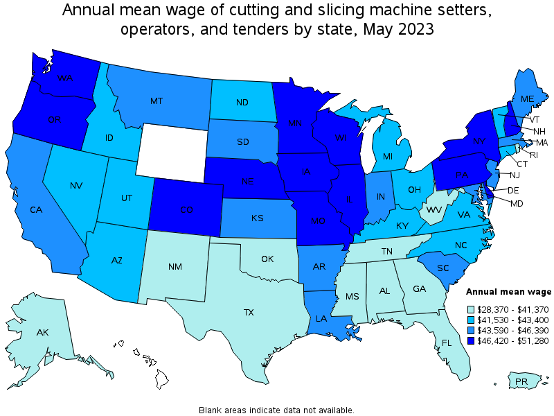 Map of annual mean wages of cutting and slicing machine setters, operators, and tenders by state, May 2023