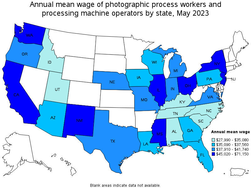 Map of annual mean wages of photographic process workers and processing machine operators by state, May 2023