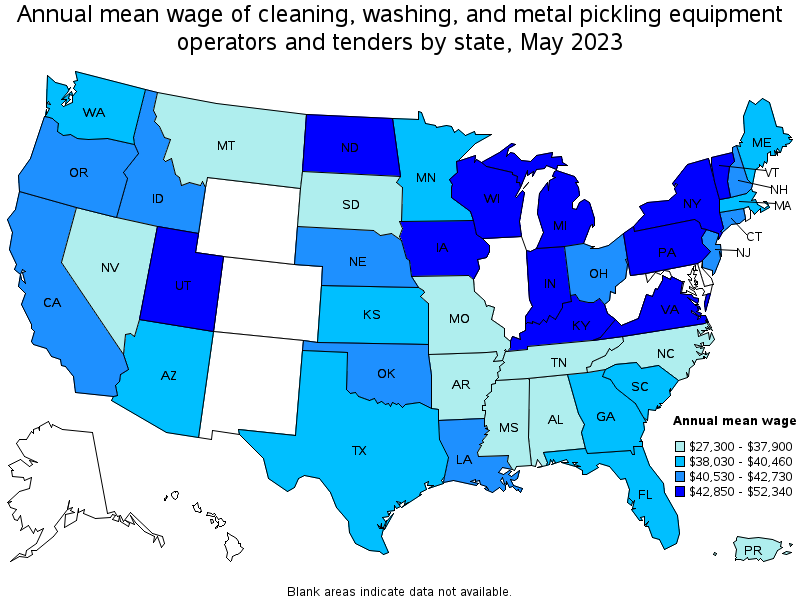 Map of annual mean wages of cleaning, washing, and metal pickling equipment operators and tenders by state, May 2023
