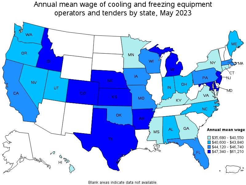 Map of annual mean wages of cooling and freezing equipment operators and tenders by state, May 2023