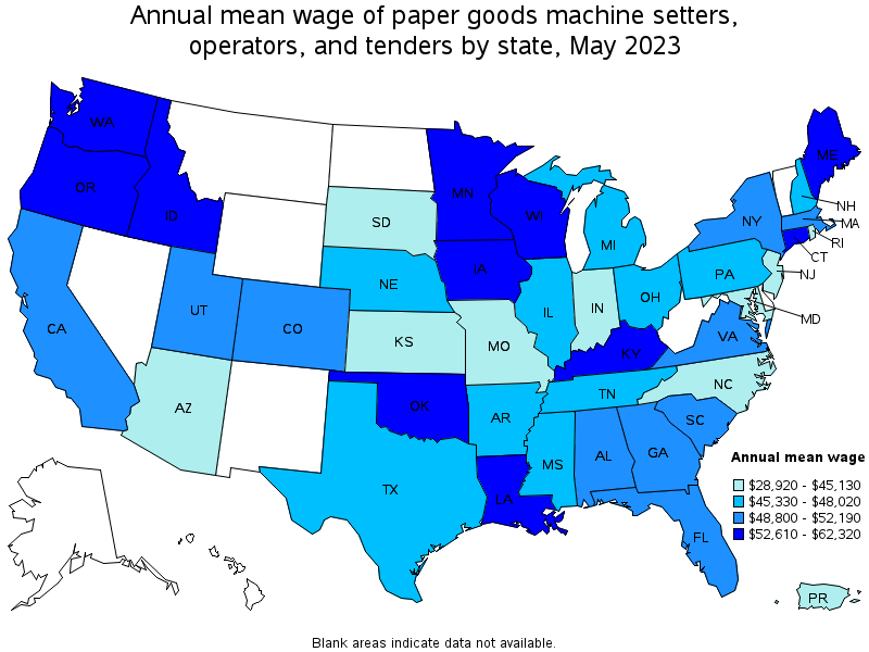 Map of annual mean wages of paper goods machine setters, operators, and tenders by state, May 2023