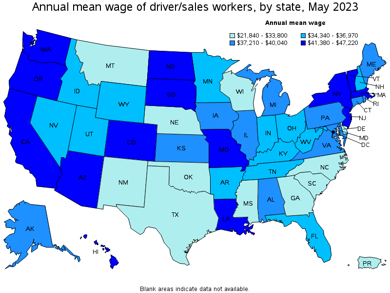 Map of annual mean wages of driver/sales workers by state, May 2023