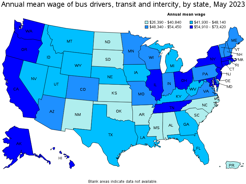 Map of annual mean wages of bus drivers, transit and intercity by state, May 2023