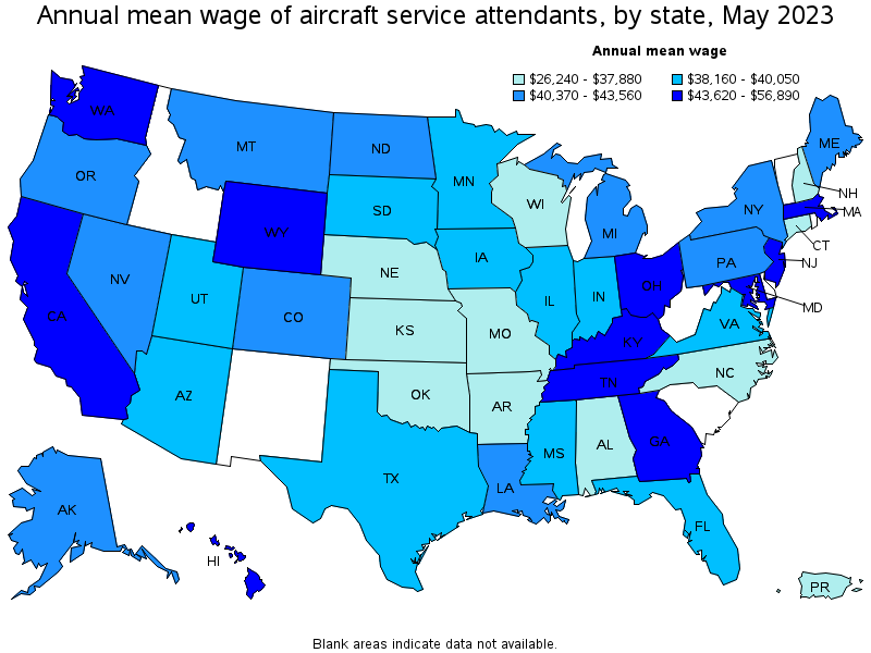 Map of annual mean wages of aircraft service attendants by state, May 2023