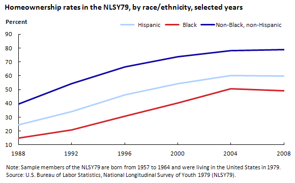 Homeownership rates in the NLSY79, by race/ethnicity, selected years (in percent)
