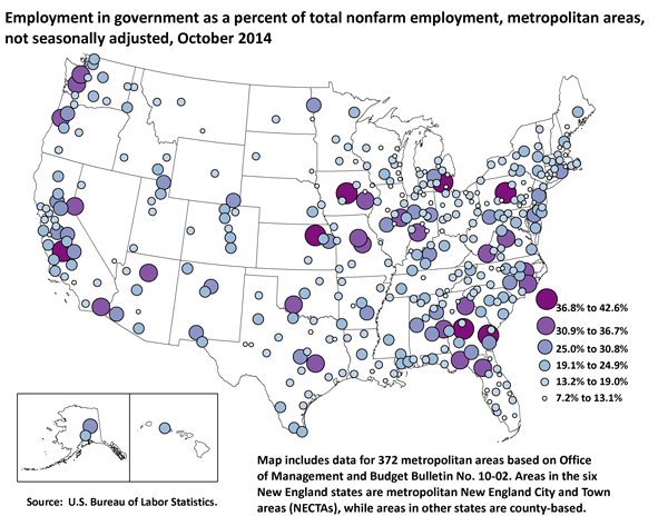 Employment in government as a percent of total nonfarm employment, metropolitan areas, not seasonally adjusted, October 2014
