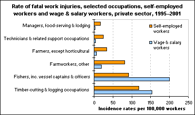 Rate of fatal work injuries, selected occupations, self-employed workers and wage & salary workers, private sector, 1995–2001