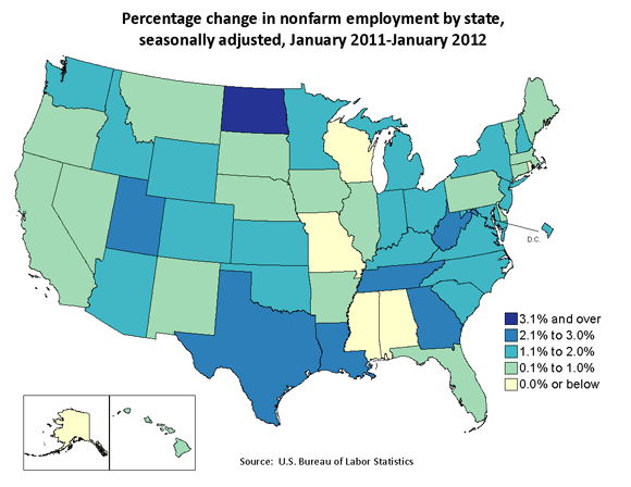 Percentage change in nonfarm employment by state, seasonally adjusted, January 2011–January 2012