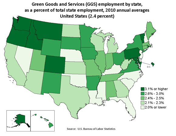 Green Goods and Services (GGS) employment by state, as a percent of total employment, 2010 annual averages United States (2.4 percent)