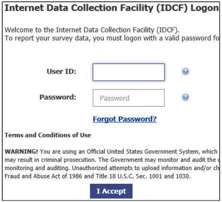 Internet Data Collection Facility Logon Screen