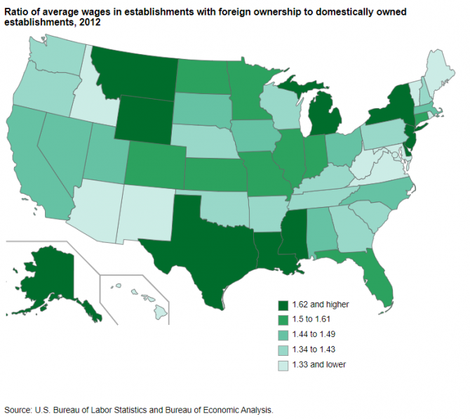 Map showing each state's ratio of average wages in establishments with foreign ownership to domestically owned establishments, 2012