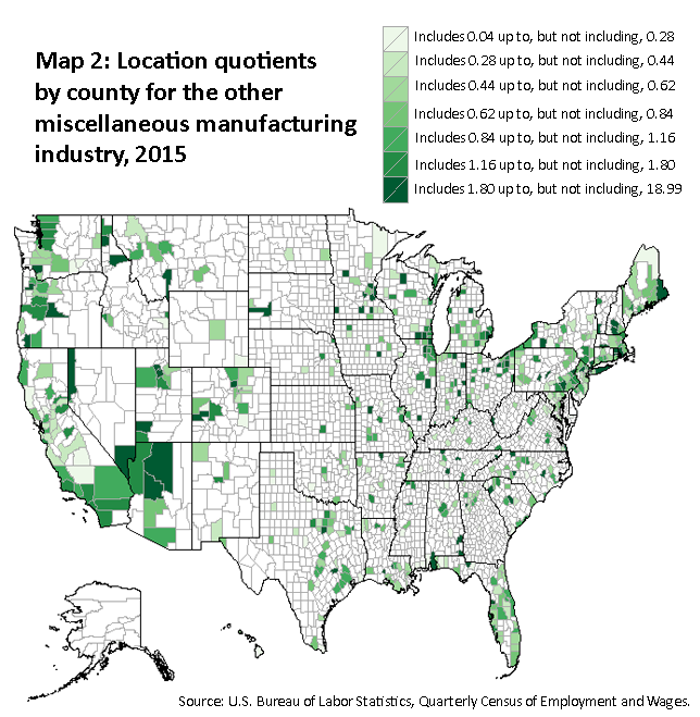 A map of the United States showing the location quotients by county for the other miscellaneous manufacturing industry, 2015. Source: U.S. Bureau of Labor Statistics, Quarterly Census of Employment and Wages.