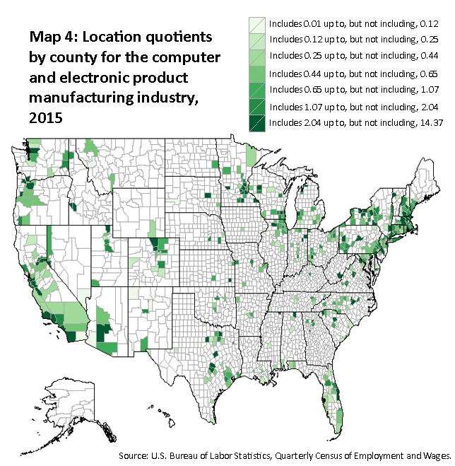 A map of the United States showing the location quotients by county for the computer and electronic product manufacturing industry, 2015. Source: U.S. Bureau of Labor Statistics, Quarterly Census of Employment and Wages.