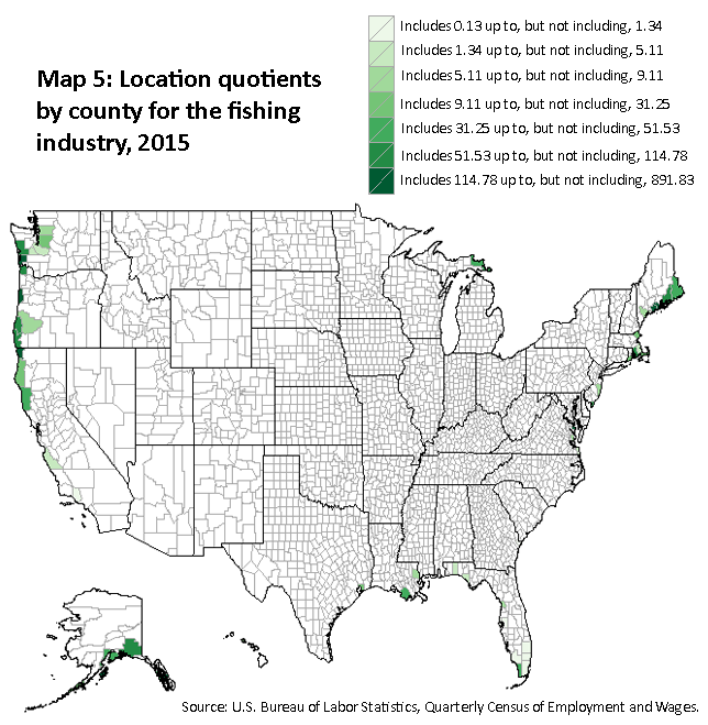 A map of the location quotients by county for the fishing industry, 2015. Source: U.S. Bureau of Labor Statistics, Quarterly Census of Employment and Wages.