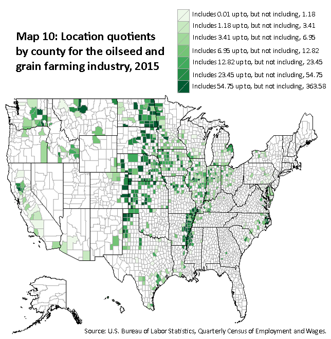 A map of the United States showing the location quotients by county for the oilseed and grain farming industry, 2015. Source: U.S. Bureau of Labor Statistics, Quarterly Census of Employment and Wages.