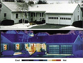 Standard and thermographic images of a house: the lighter colors (yellow, orange, and red) in the lower image show the house's areas of greatest heat loss