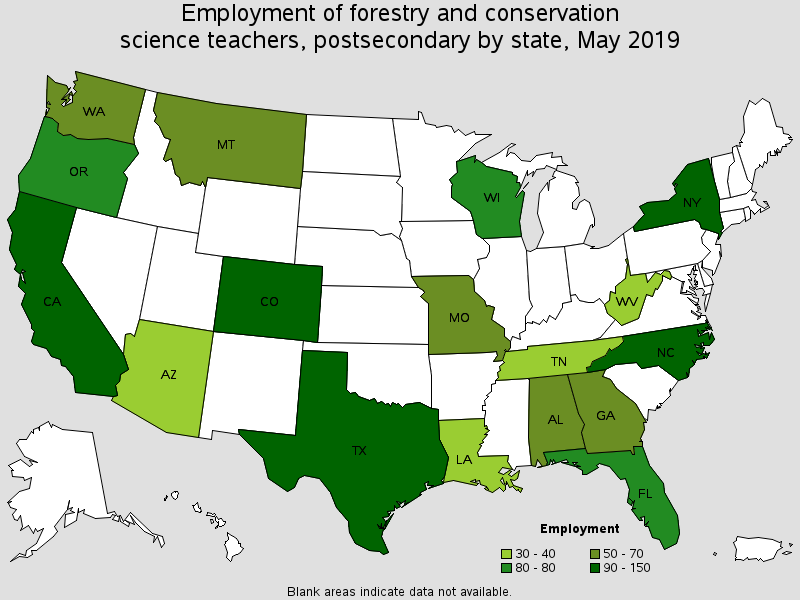 Employment of forestry and conservation science teachers, postsecondary by state, May 2019