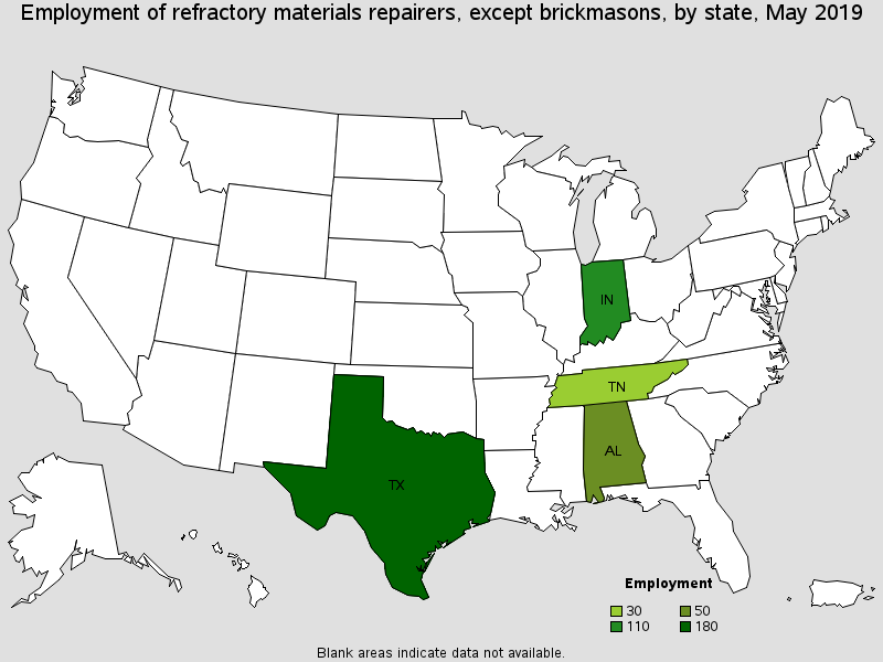 Employment of refractory materials repairers, except brickmasons, by state, May 2019