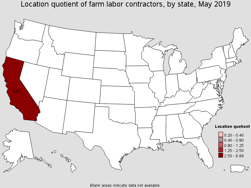 Location Quotient of Farm Labor Contractors, by State, May 2019