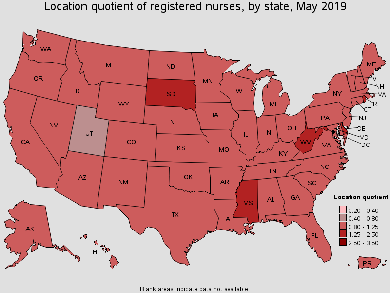 Location Quotient of Registered Nurses, by state, May 2019