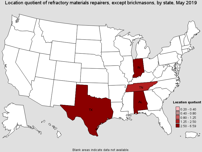 Location quotient of refractory materials repairers, except brickmasons, by state, May 2019