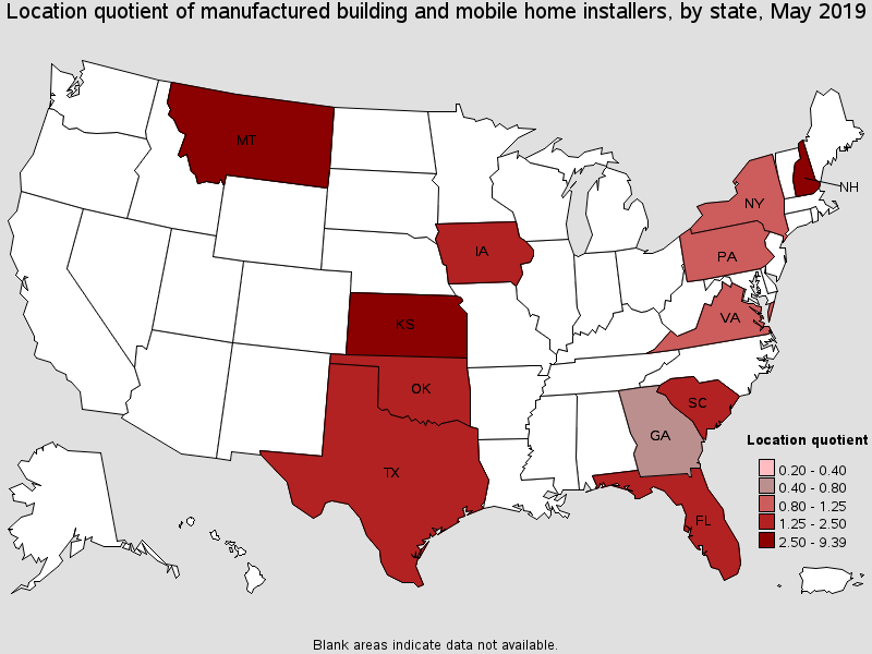 Location quotient of manufactured building and mobile home installers, by state, May 2019