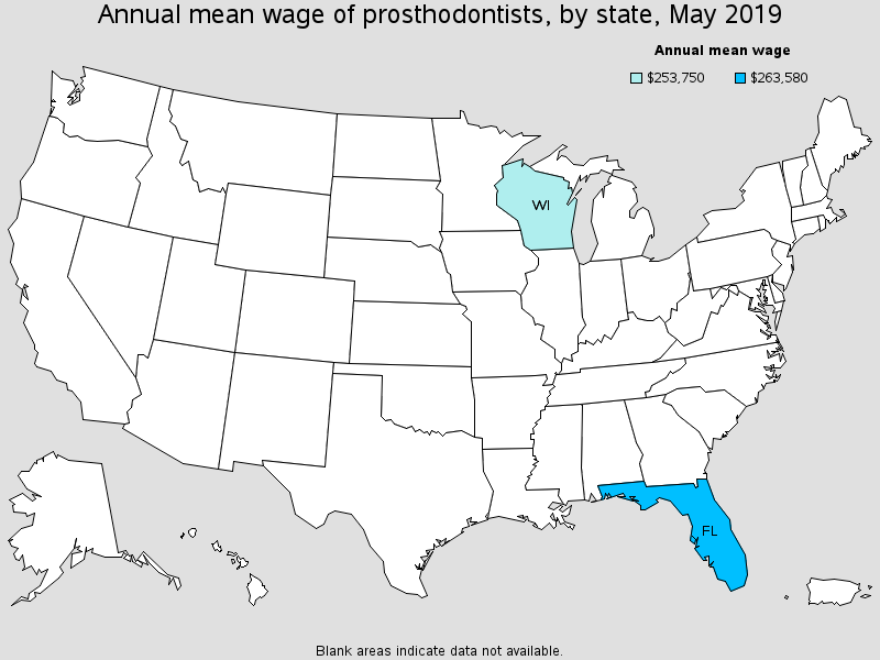 Annual mean wage of Prosthodontists, by state, May 2019