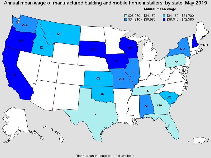 Annual mean wage of manufactured building and mobile home installers, by state, May 2019