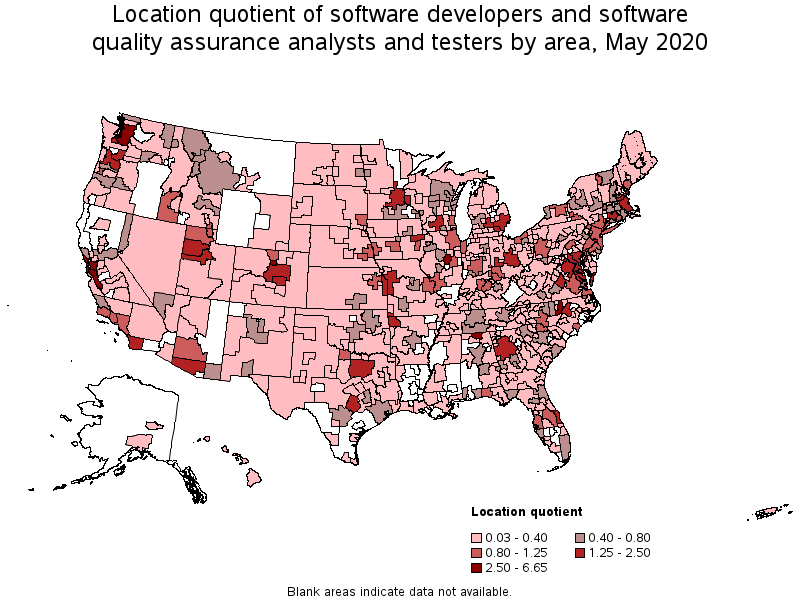 Location Quotient of Software Developers and Software Quality Assurance Analysts and Testers, by area, May 2020