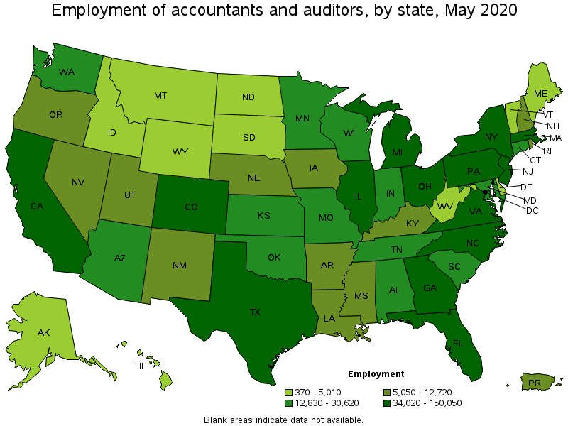 Employment of Accountants and Auditors, by state, May 2020
