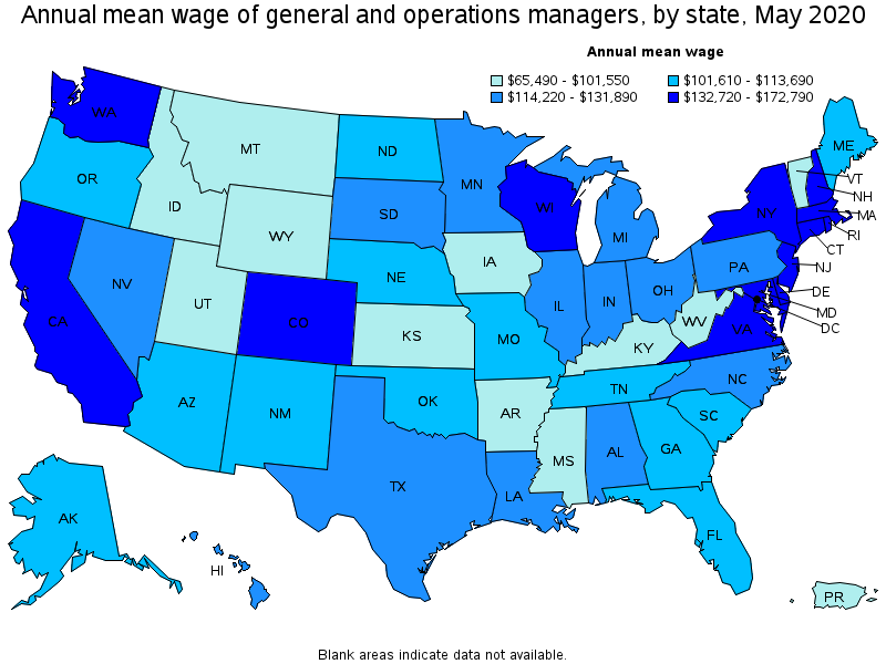Annual mean wage of General and Operations Managers, by state, May 2020
