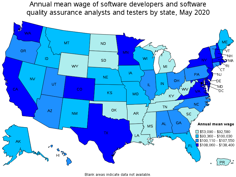 Annual mean wage of Software Developers and Software Quality Assurance Analysts and Testers, by state, May 2020