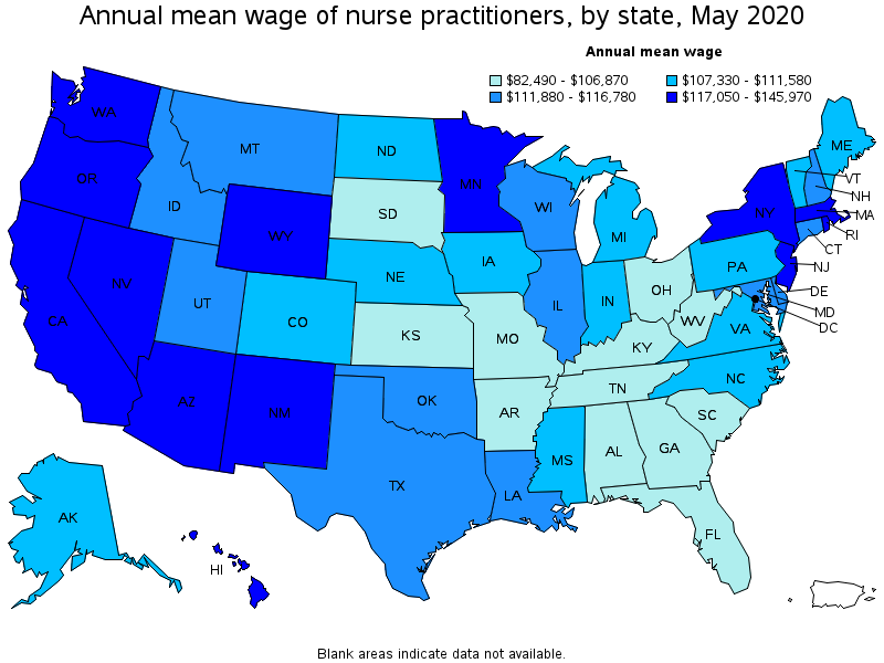 Annual mean wage of Nurse Practitioners, by state, May 2020