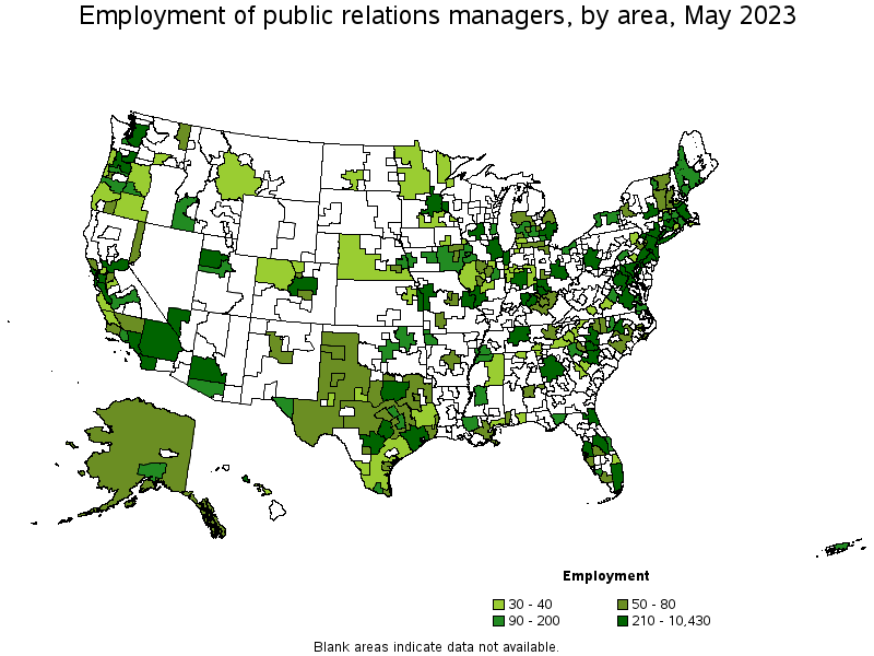 Map of employment of public relations managers by area, May 2022