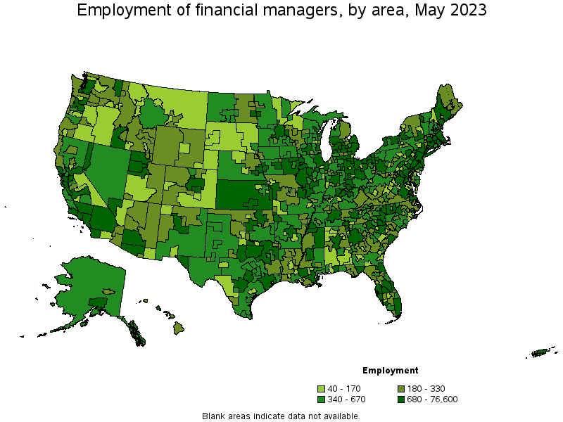 Map of employment of financial managers by area, May 2021