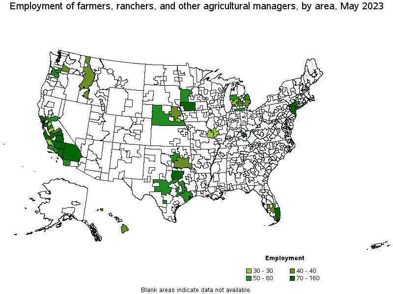 Map of employment of farmers, ranchers, and other agricultural managers by area, May 2022