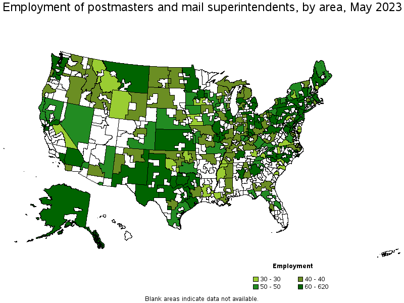 Map of employment of postmasters and mail superintendents by area, May 2022