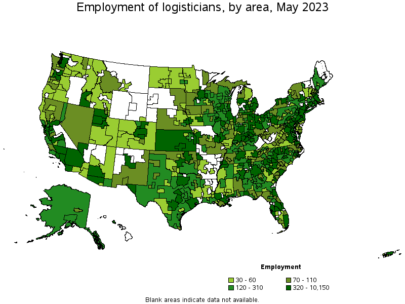 Map of employment of logisticians by area, May 2022