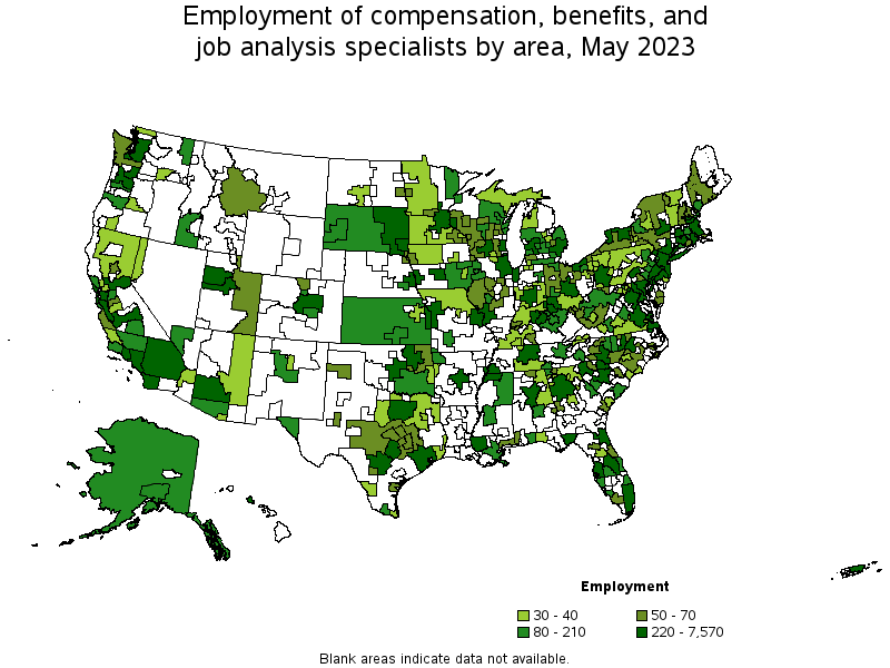 Map of employment of compensation, benefits, and job analysis specialists by area, May 2021