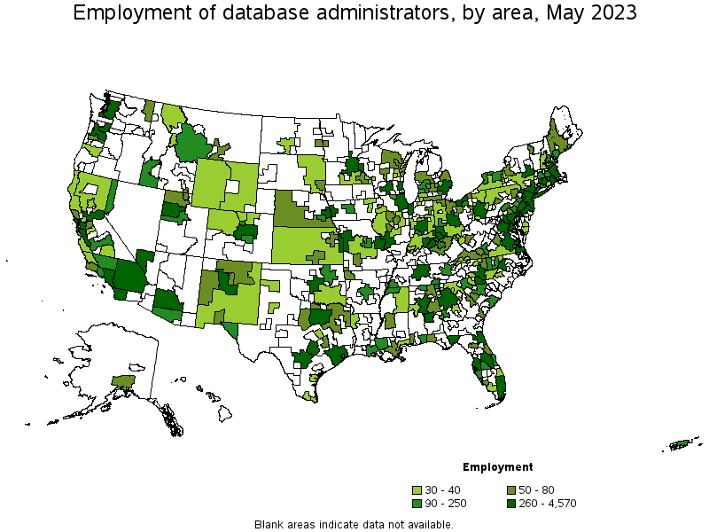 Map of employment of database administrators by area, May 2021