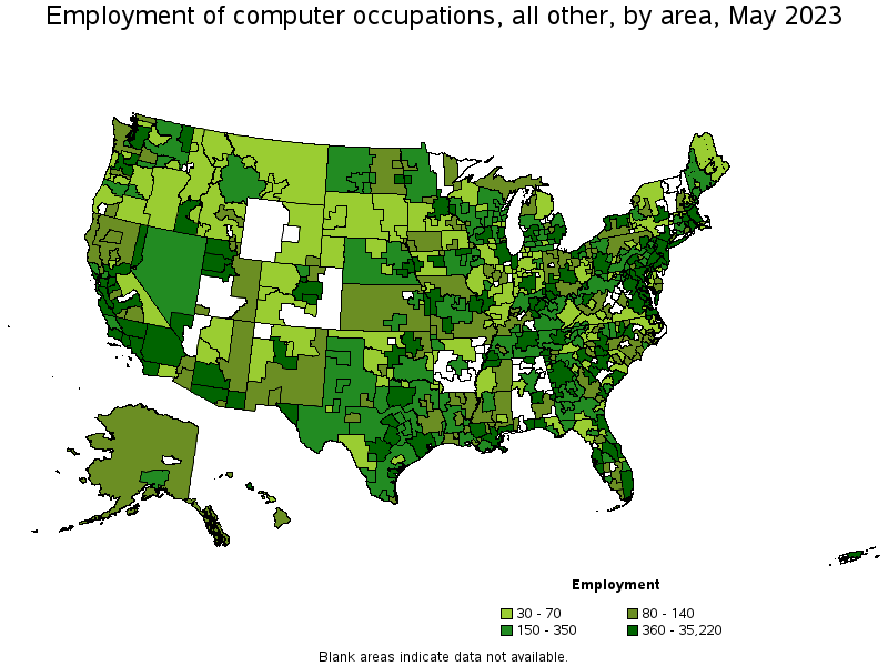 Map of employment of computer occupations, all other by area, May 2021