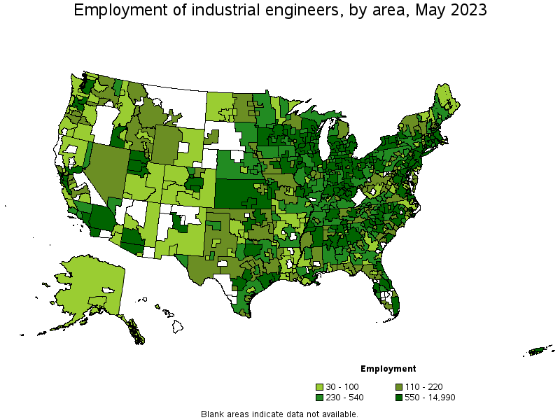 Map of employment of industrial engineers by area, May 2022