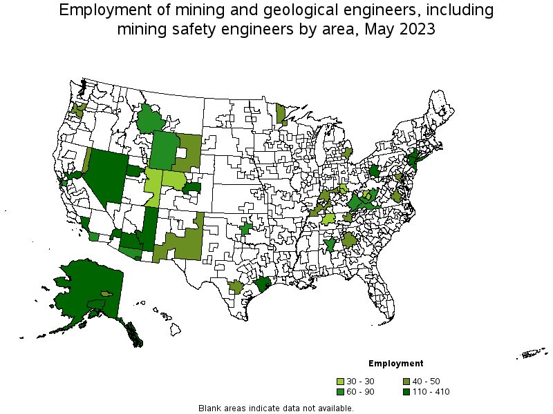 Map of employment of mining and geological engineers, including mining safety engineers by area, May 2021