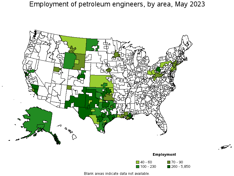 Map of employment of petroleum engineers by area, May 2022