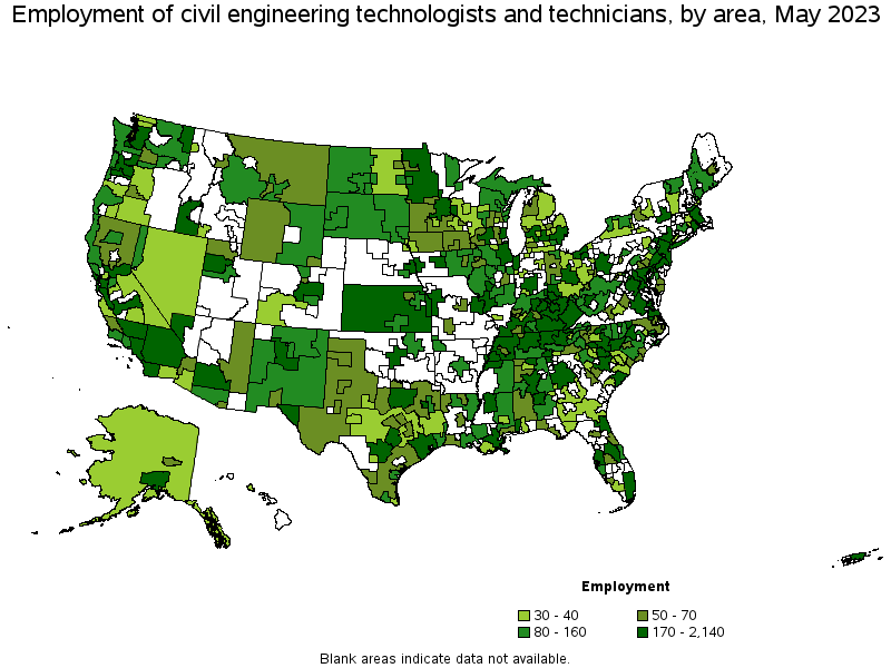 Map of employment of civil engineering technologists and technicians by area, May 2021