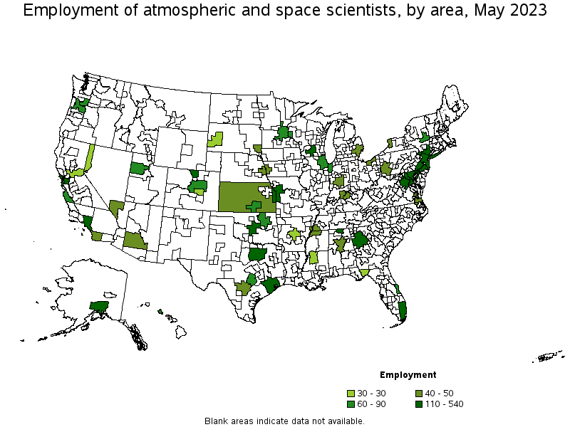 Map of employment of atmospheric and space scientists by area, May 2022