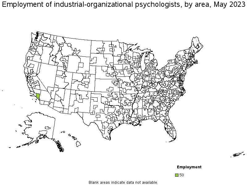 Map of employment of industrial-organizational psychologists by area, May 2023